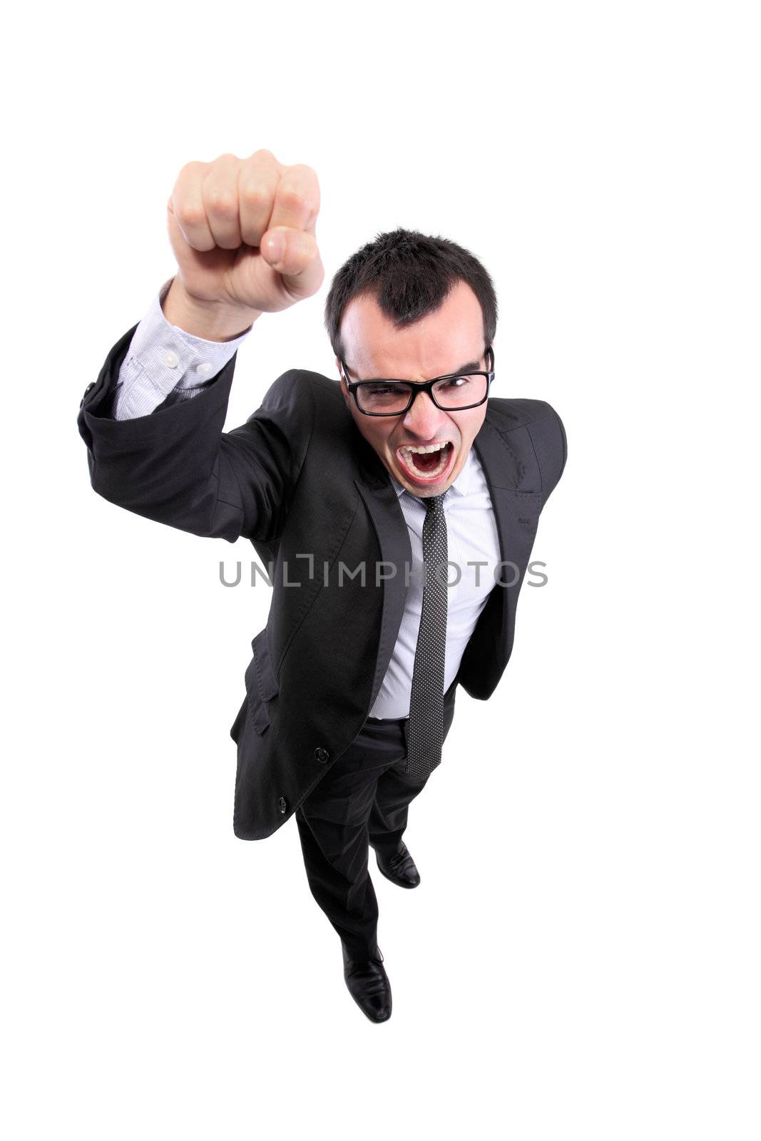screaming businessman pointing his hand up, isolated on white