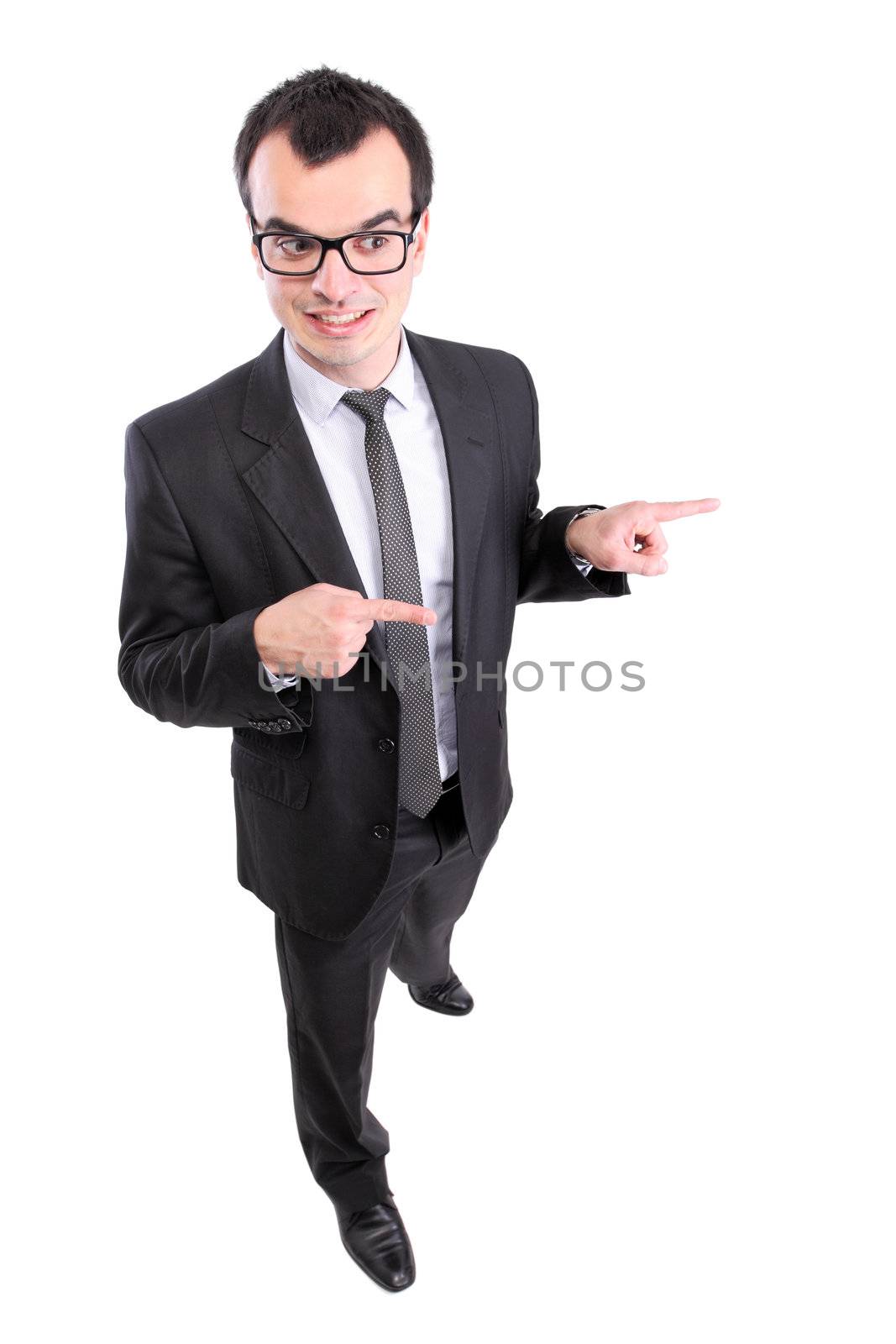 yound businessman pointing at something, isolated on white