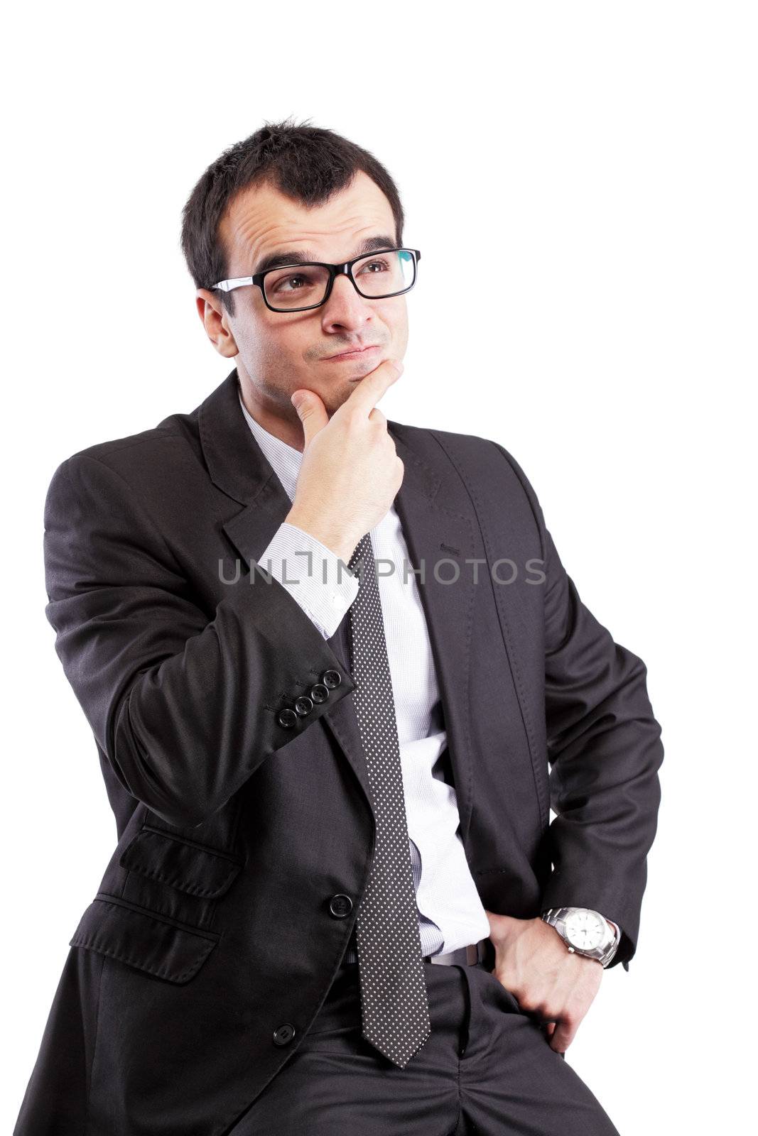 confused businessman with gesture on his face, isolated on white