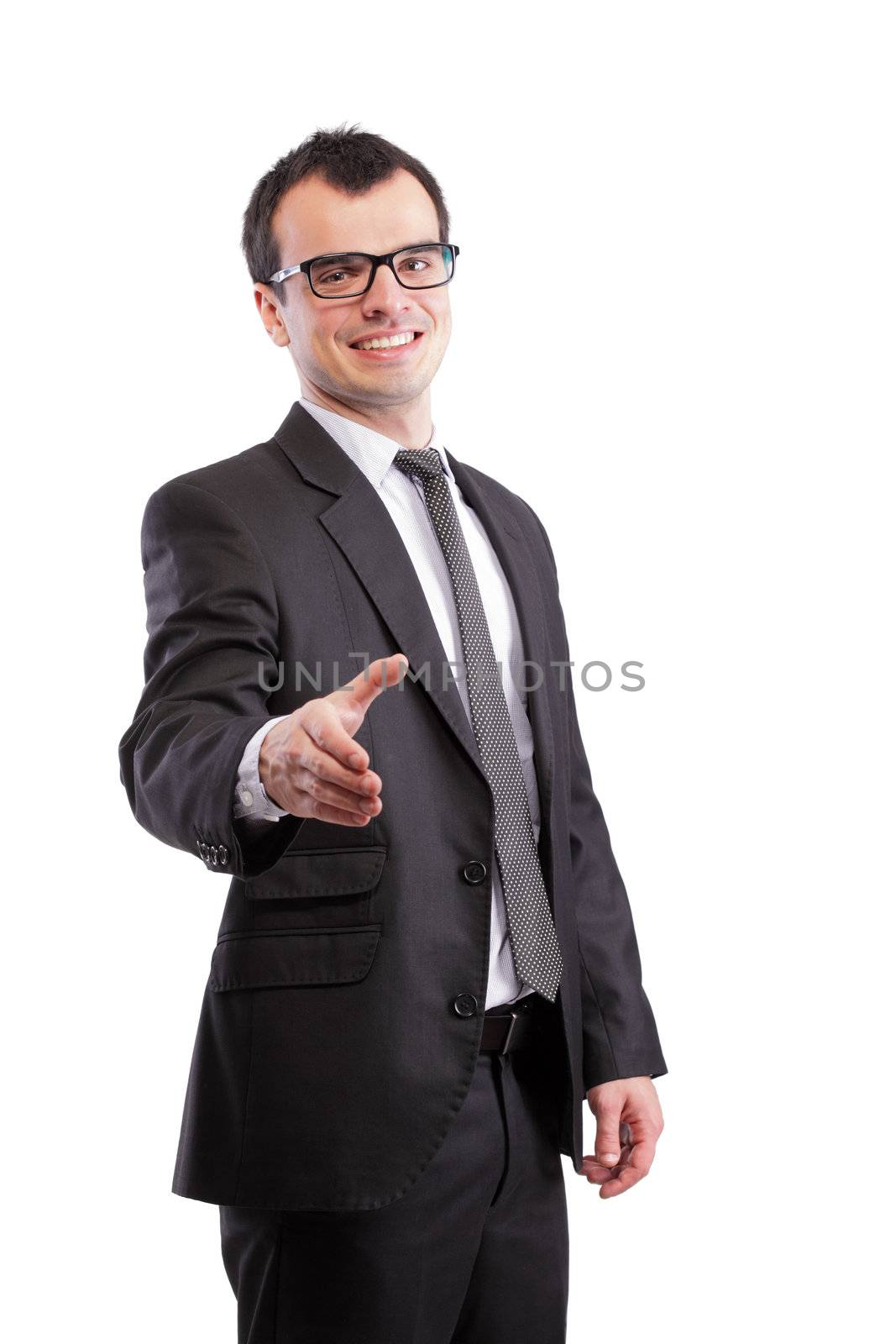 businessman offering his hand, isolated on white