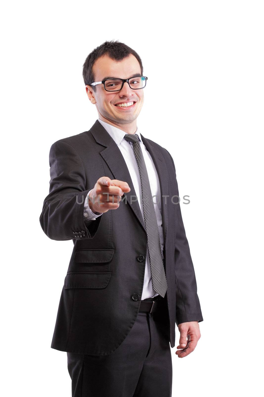 yound businessman pointing at you, isolated on white