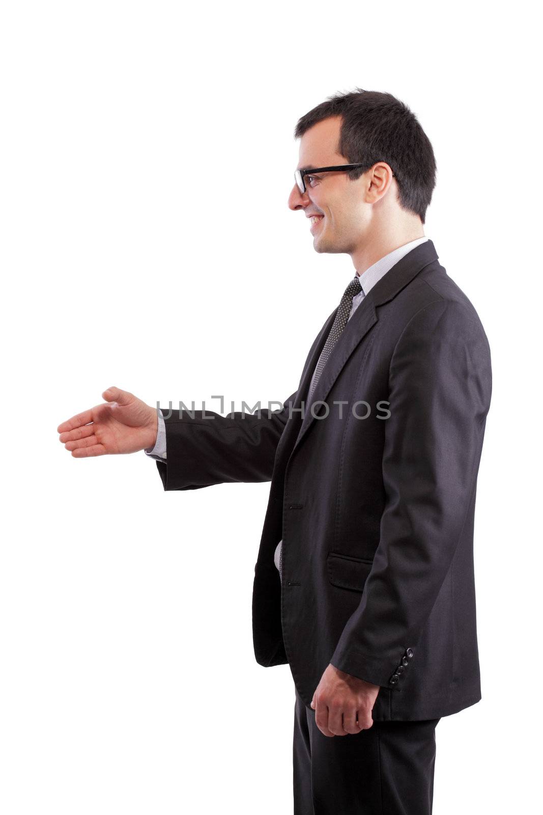 businessman offering his hand, isolated on white