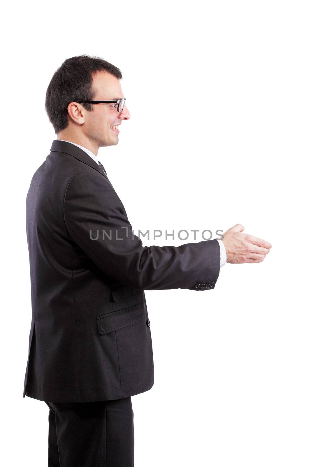 businessman offering his hand, isolated on white