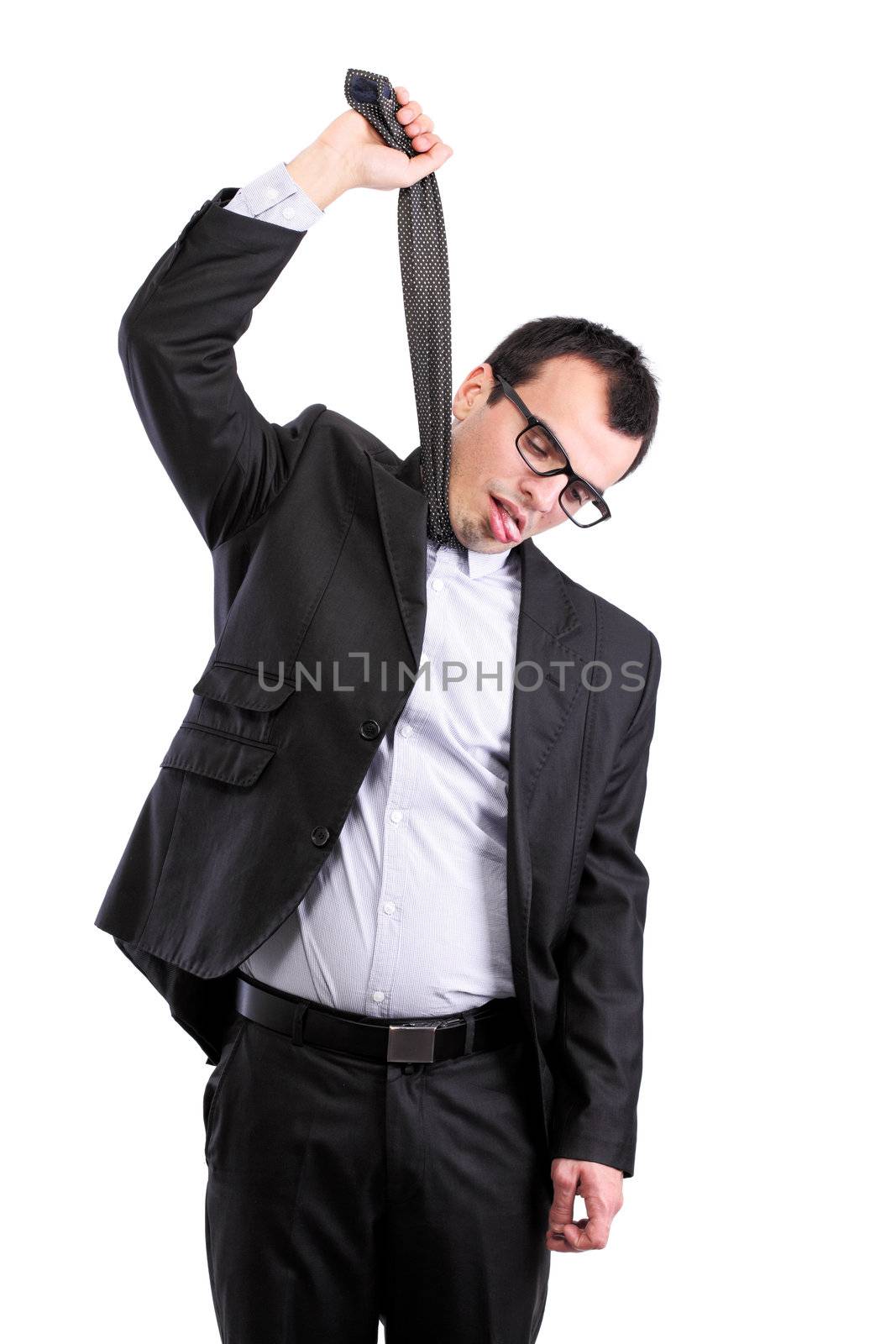 suicidal businessman hanging himself on his tie, isolated on white