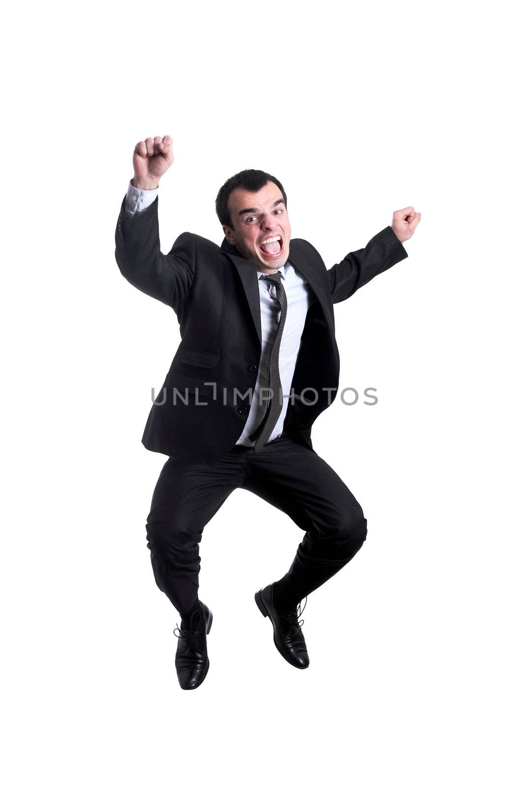 young business man jumping, isolated on white background