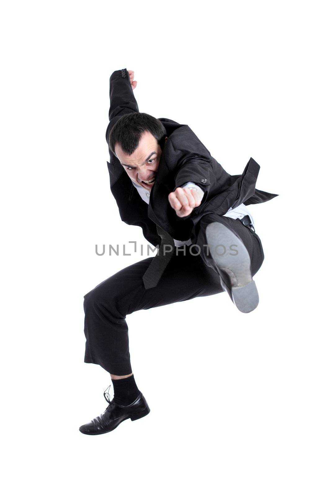 young business man jumping, isolated on white background