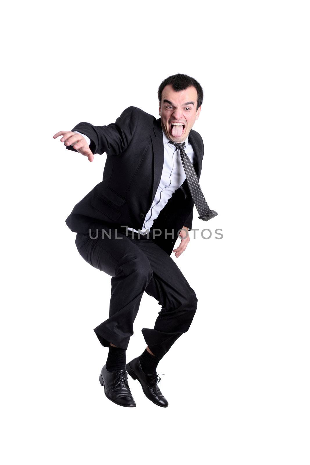 young business man jumping, isolated on white background