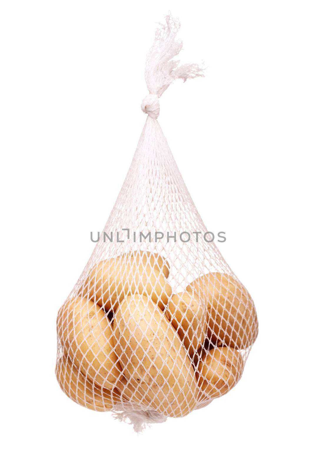 bunch fresh potatoes in a white mesh bag