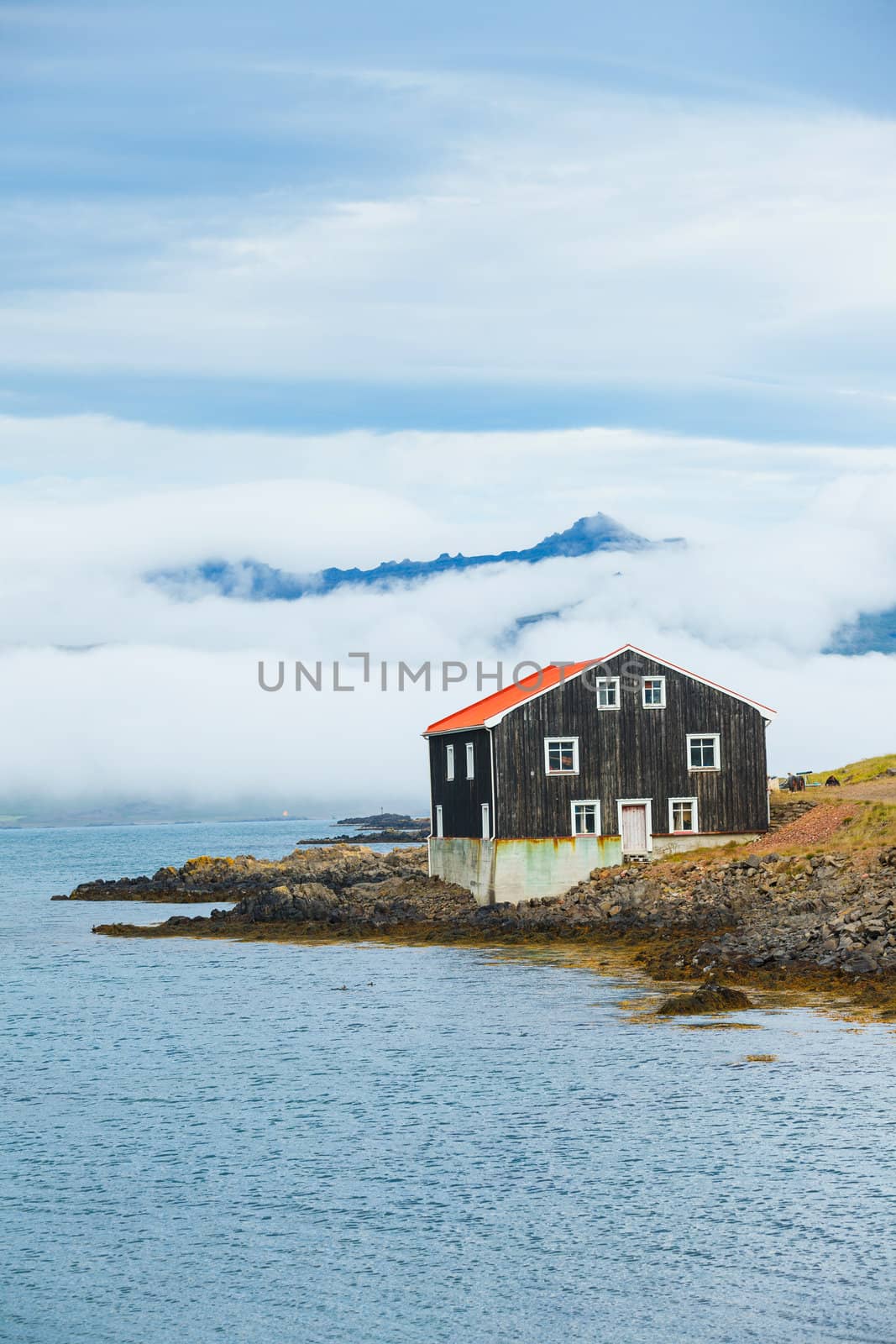 Rural beautiful summer landscape - fjord, house, mountains. Iceland. Vertical view