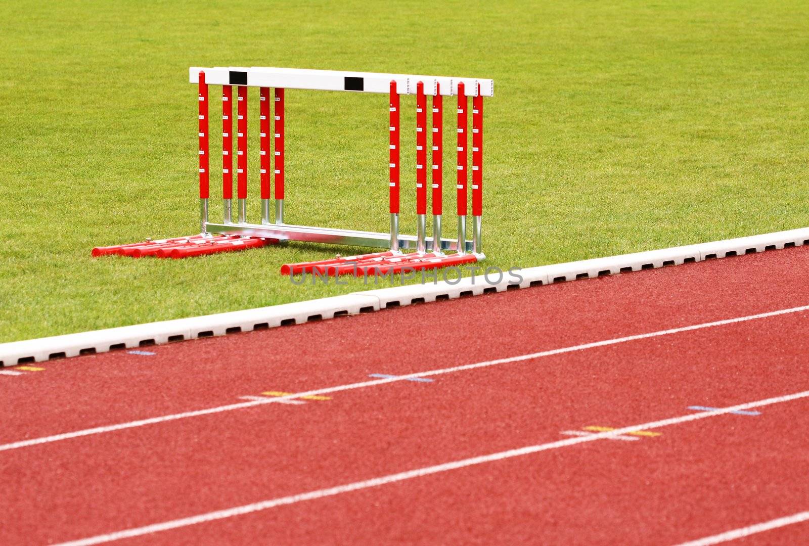 Track and hurdles on the green lawn