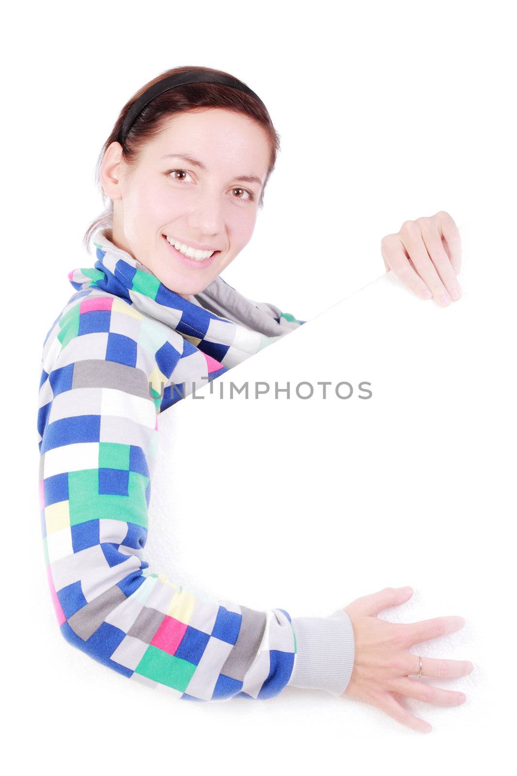 happy girl holding white styrofoam, against white