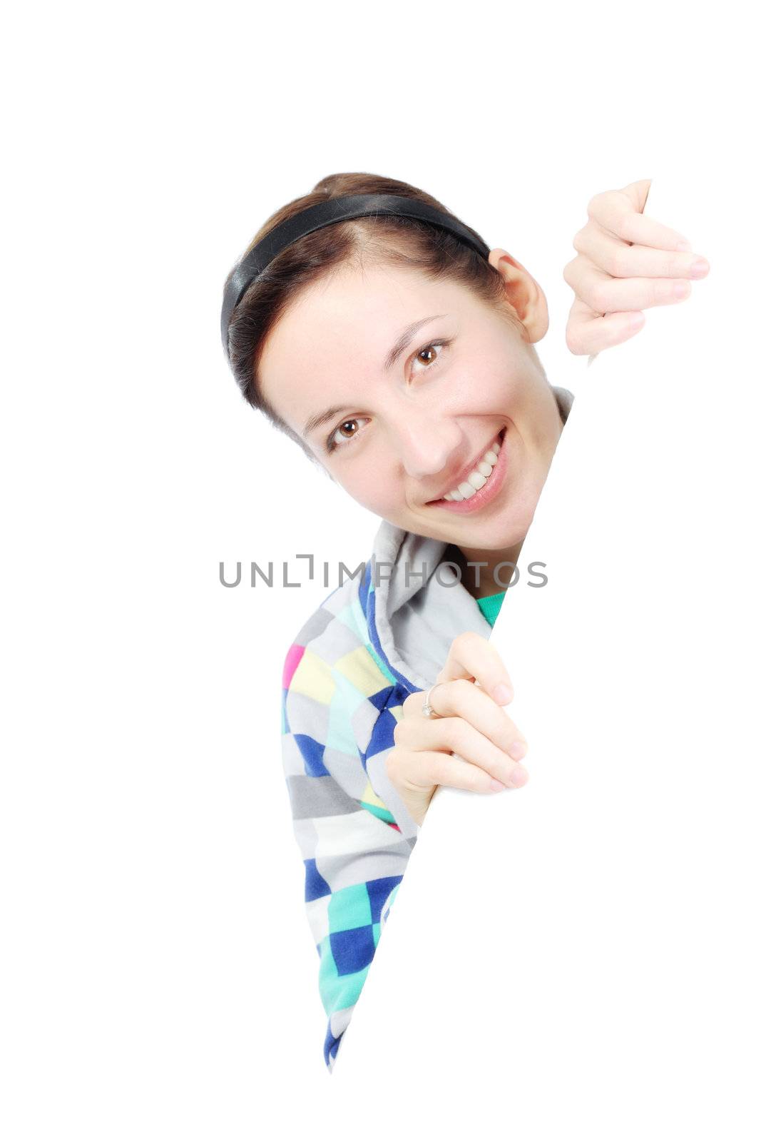 happy girl holding white styrofoam, against white
