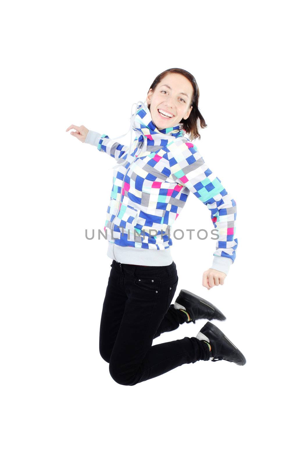 happy girl jumping isolated on white background