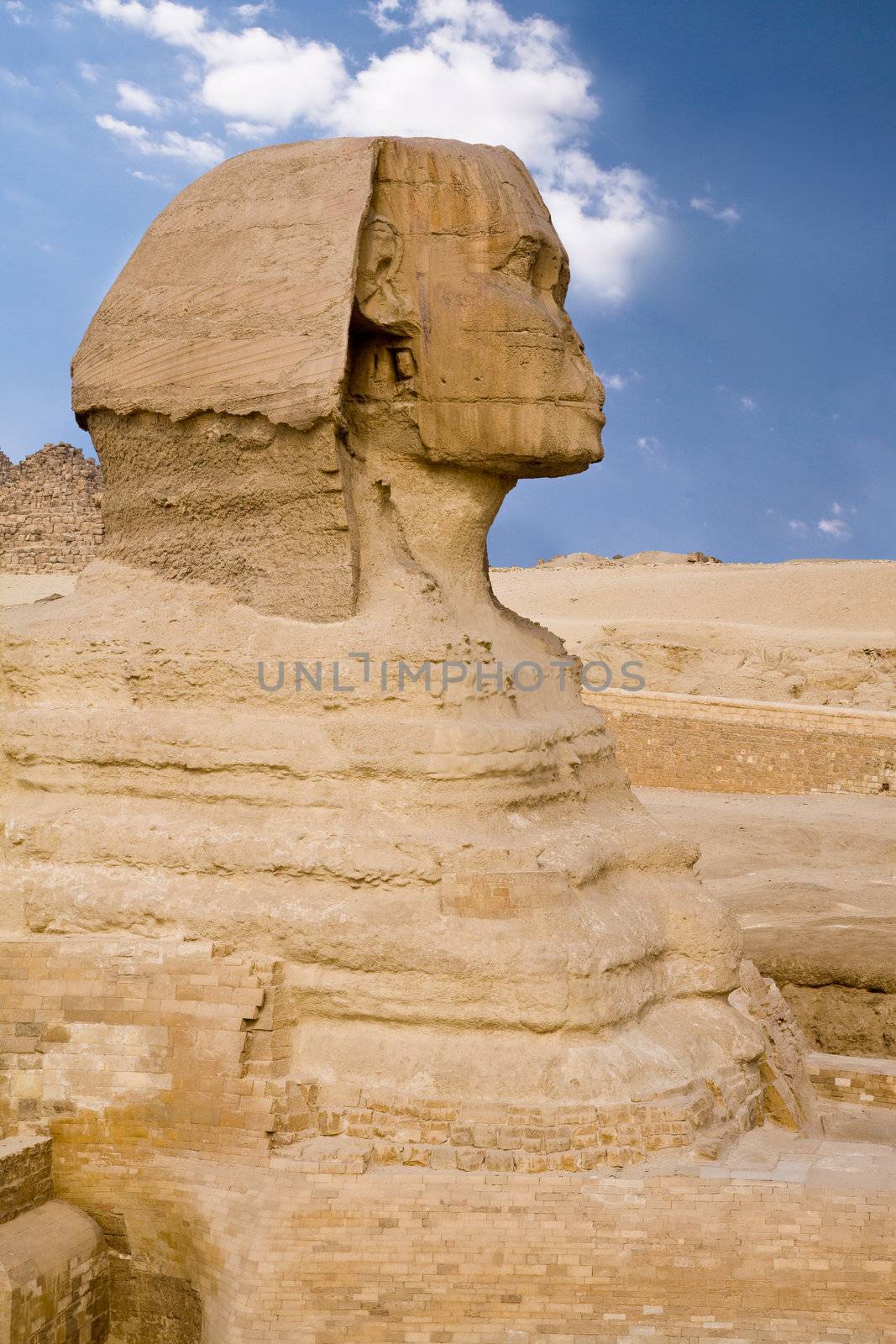 Egyptian Sphinx in Giza, ancient stone statue