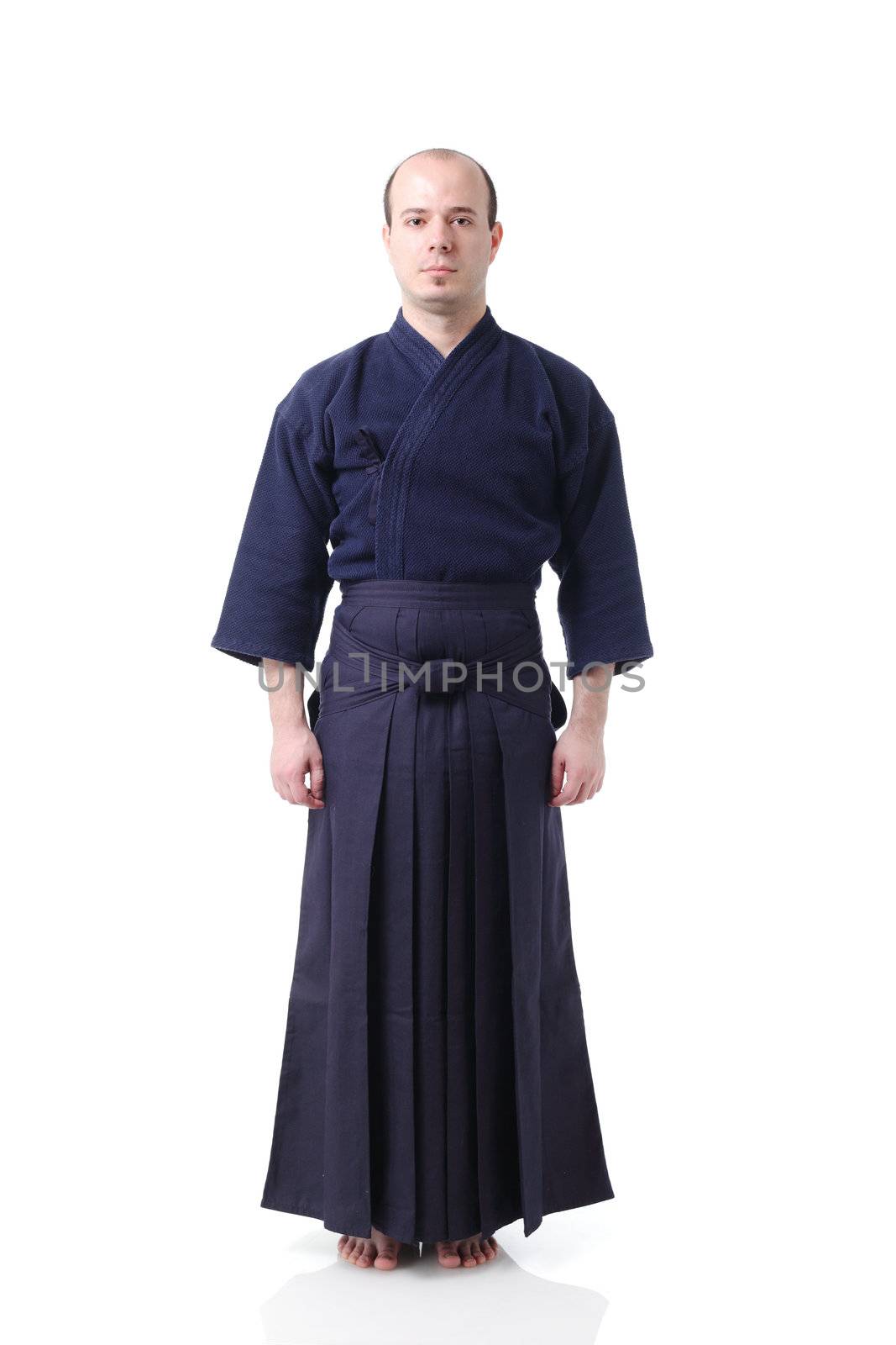 portrait of a kendo fighter, isolated on white