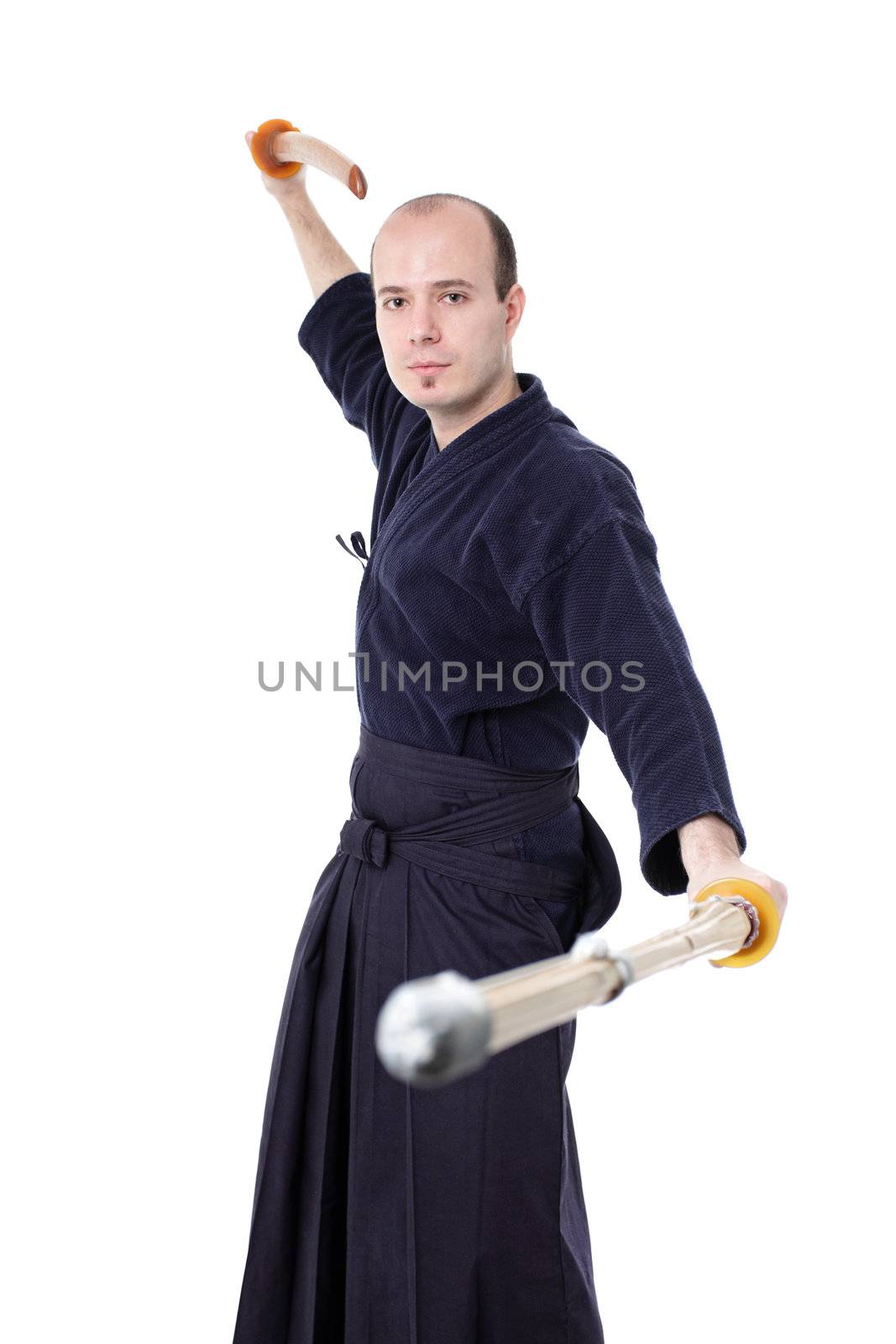 kendo fighter with bokken and shinai isolated on white