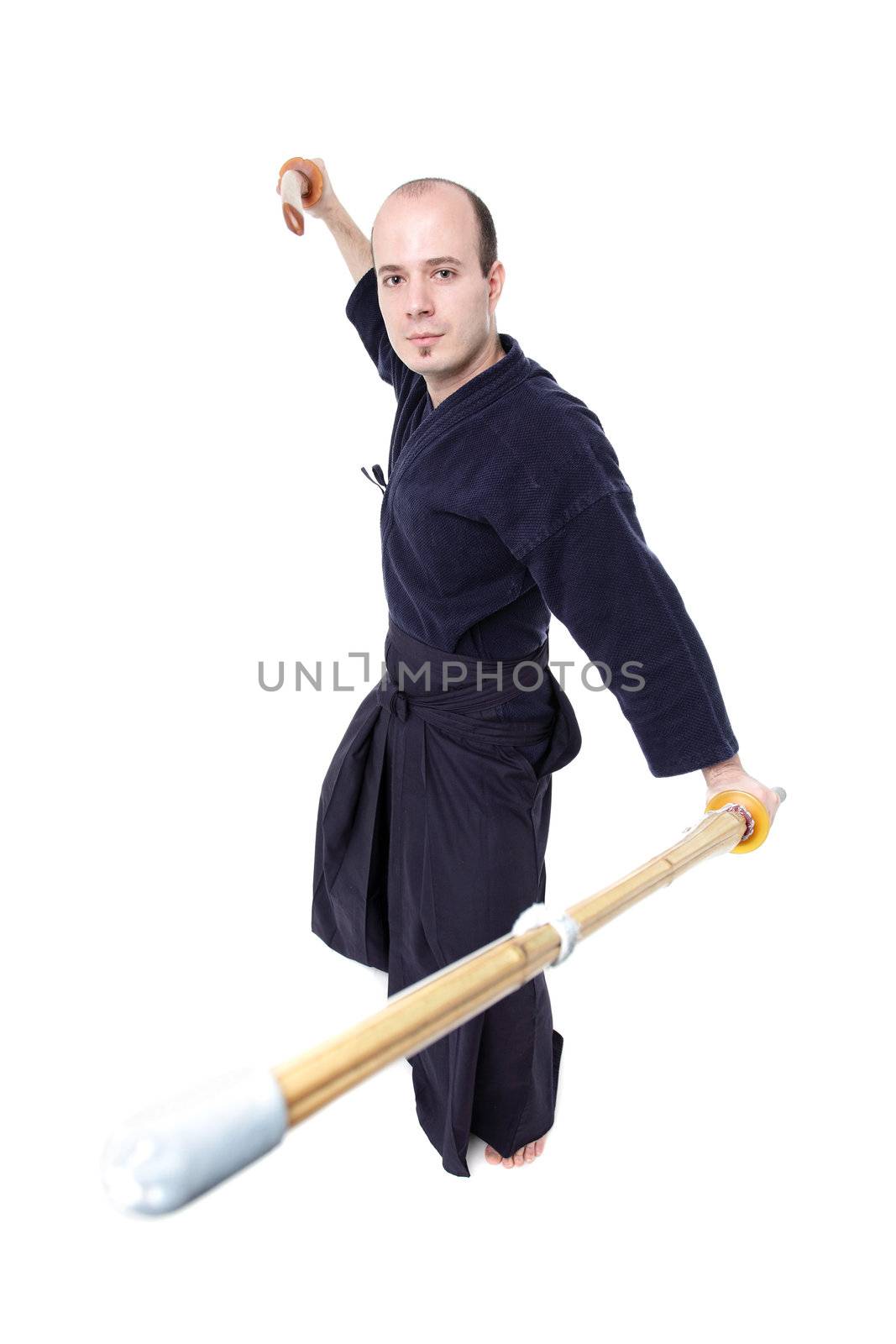 kendo fighter with bokken and shinai isolated on white