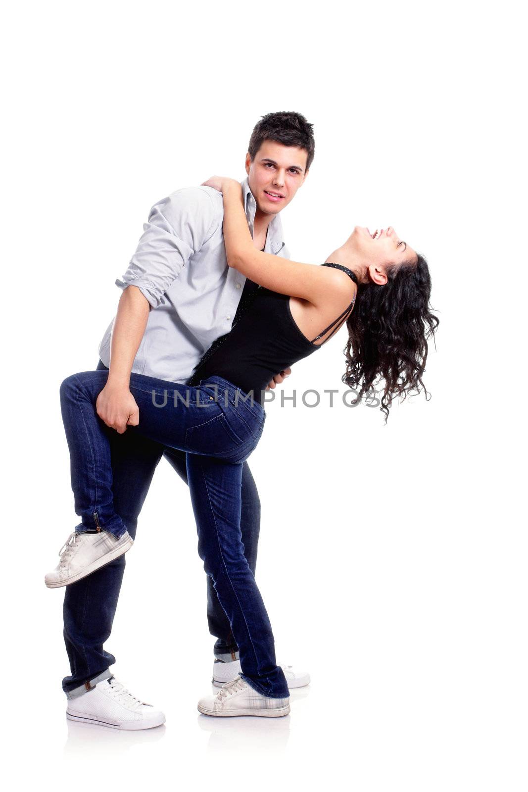 young couple dancing pose, isolated on white