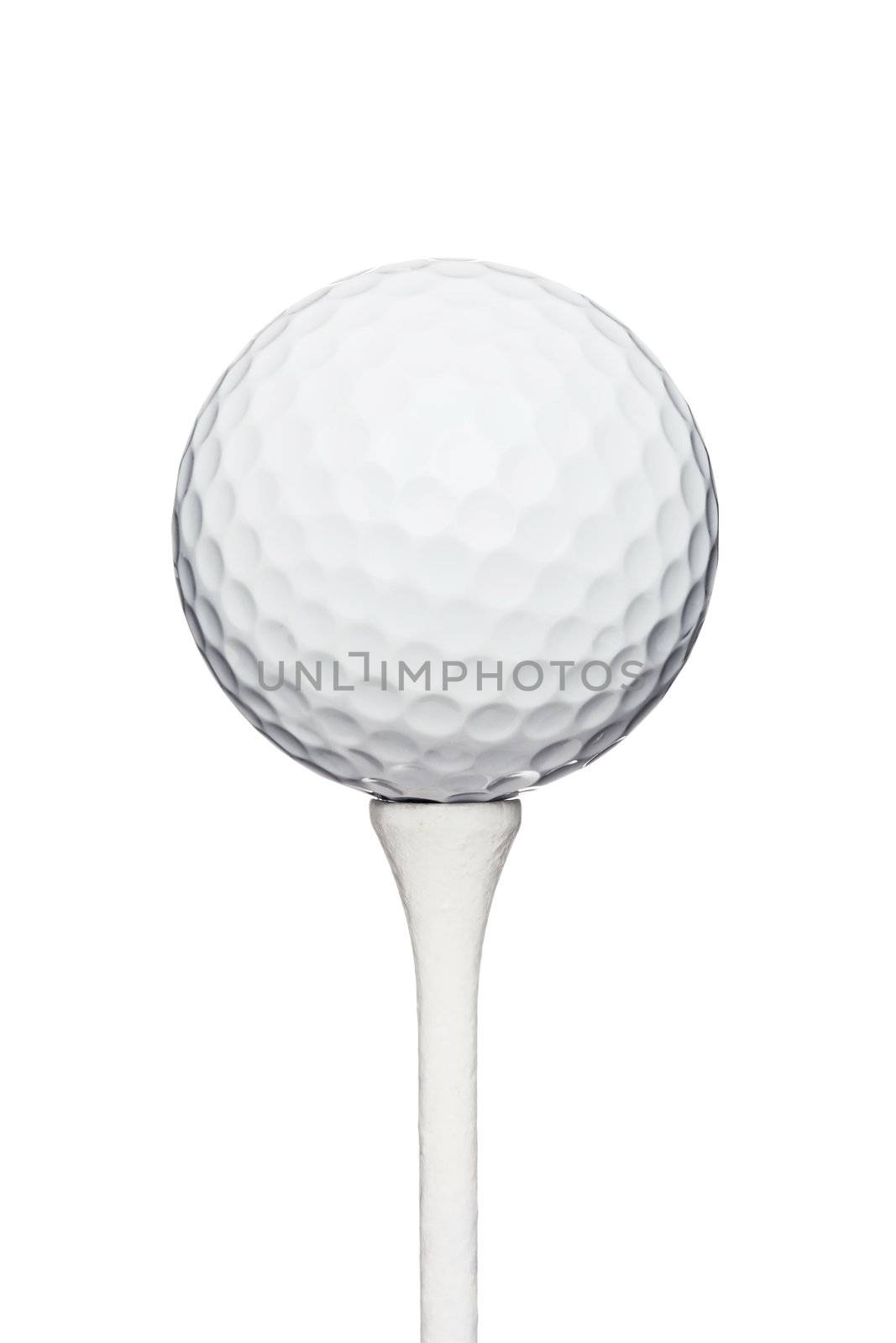 professional golf ball on a wooden tee, against white background