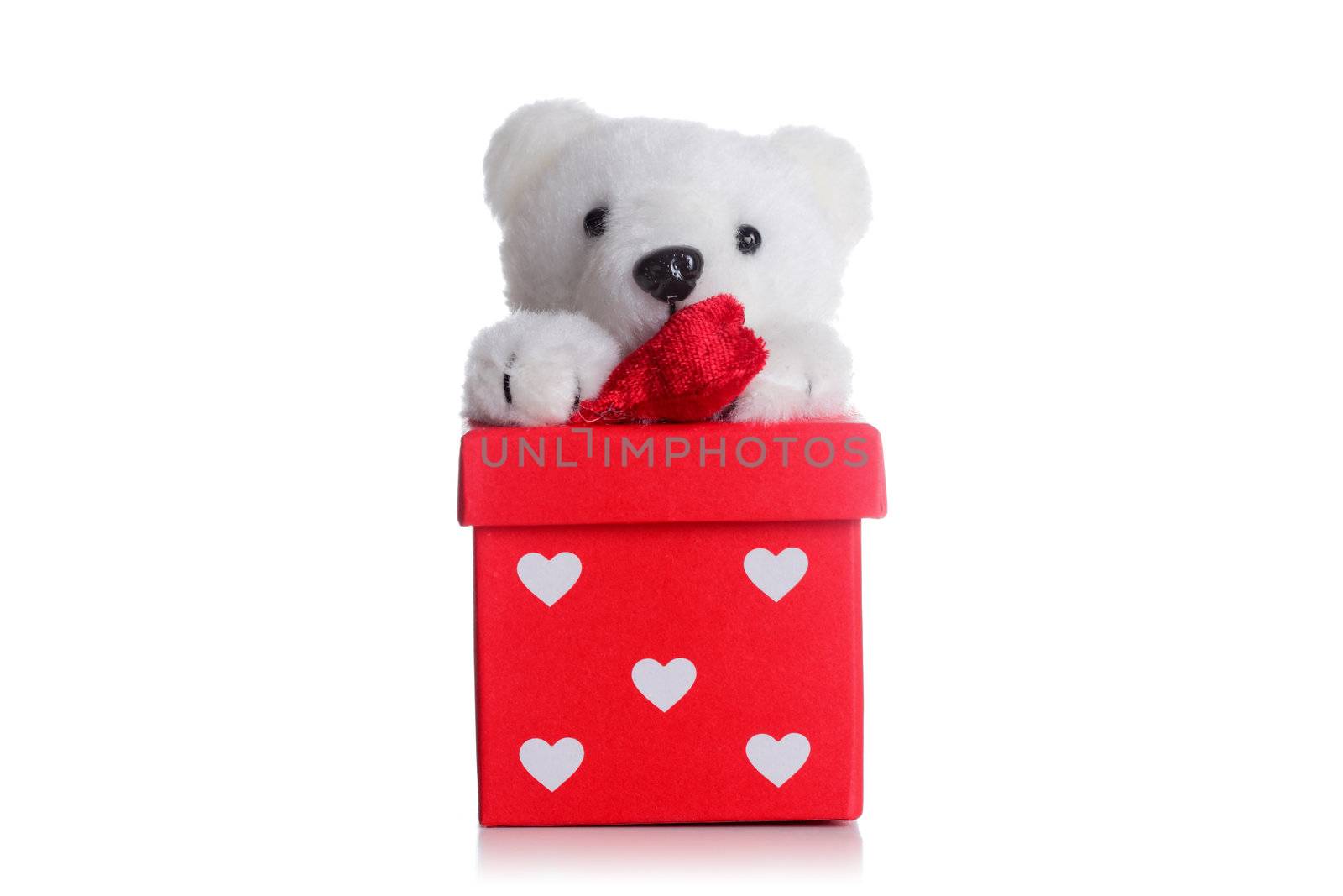 teddy bear with a heart on a red gift box