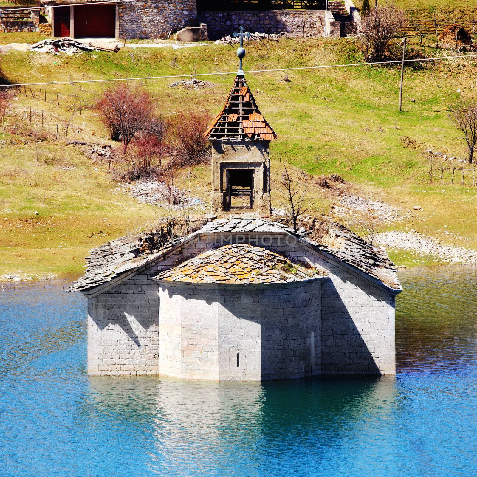church underwater in the Mavrovo Lake, Macedonia