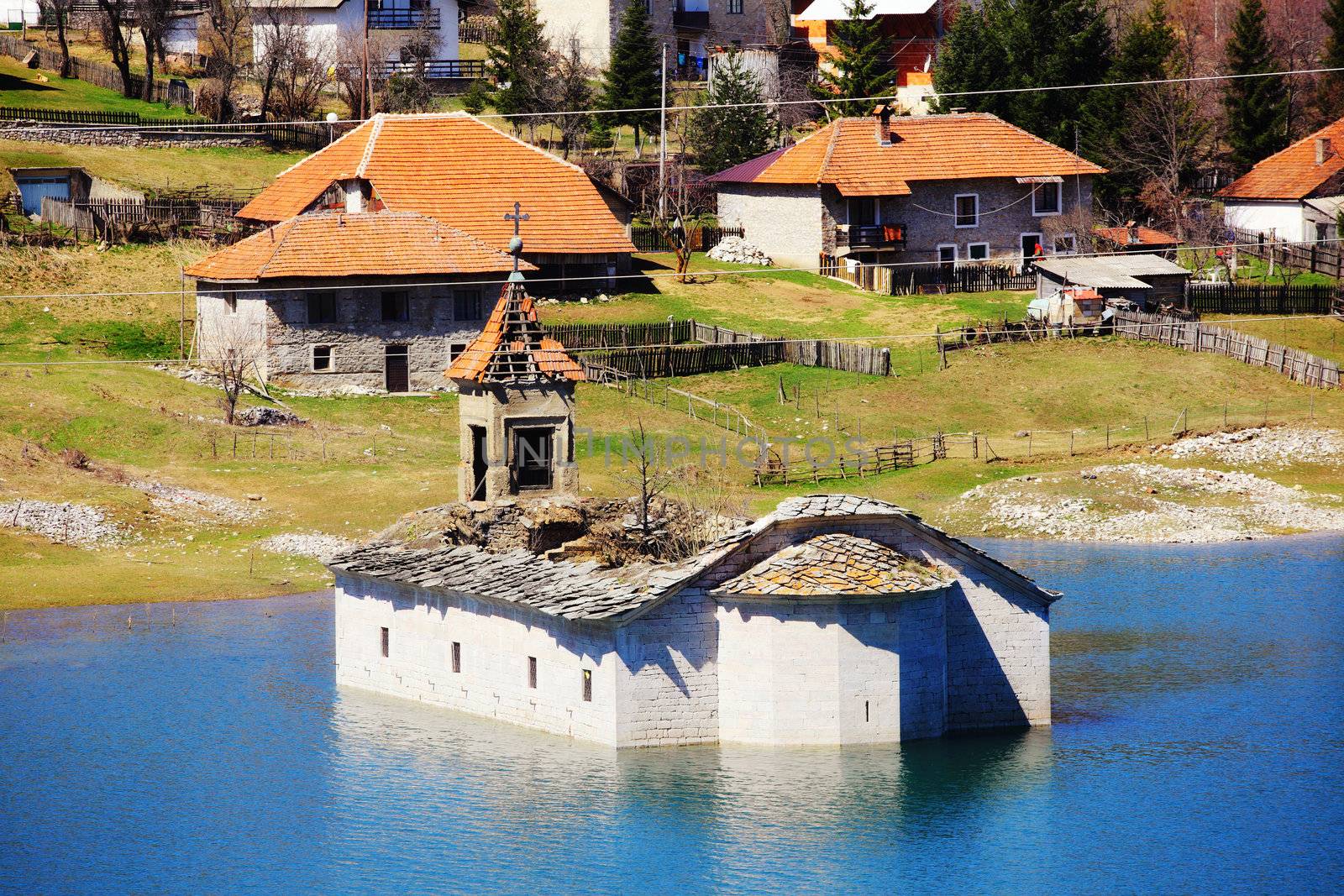church underwater in the Mavrovo Lake, Macedonia