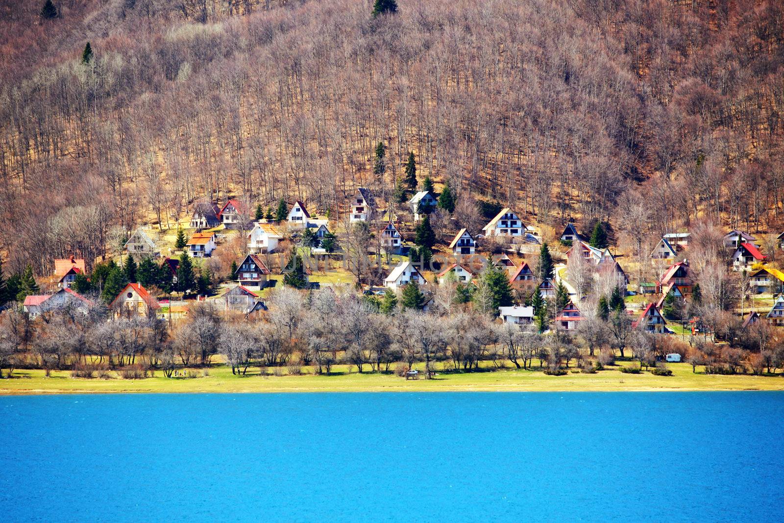 view of a settlement next to the Mavrovo Lake in Macedonia