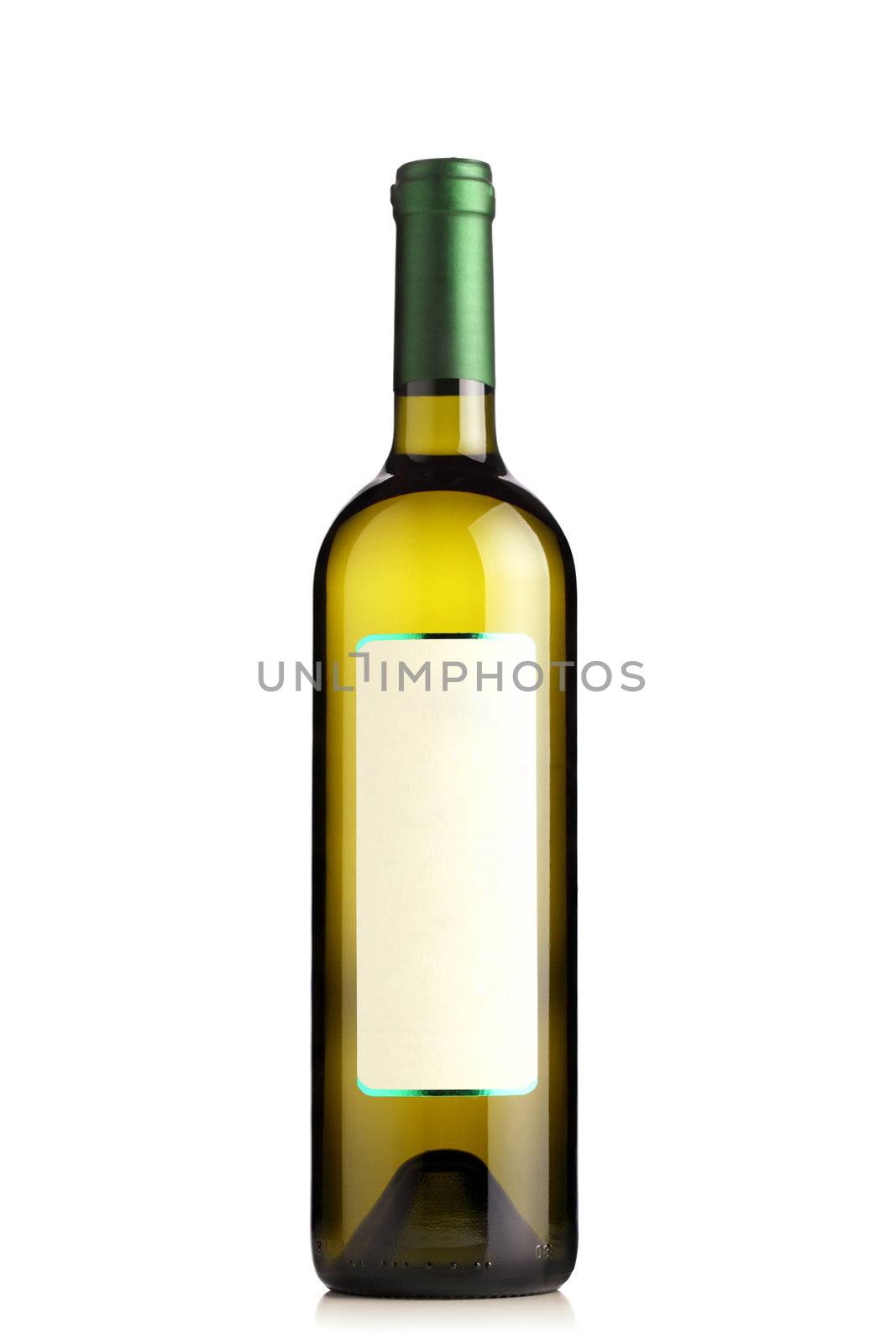 white wine bottle with green label against white background