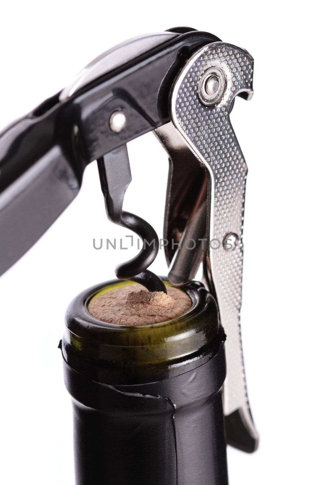 wine bottle with a wine opener, isolated
