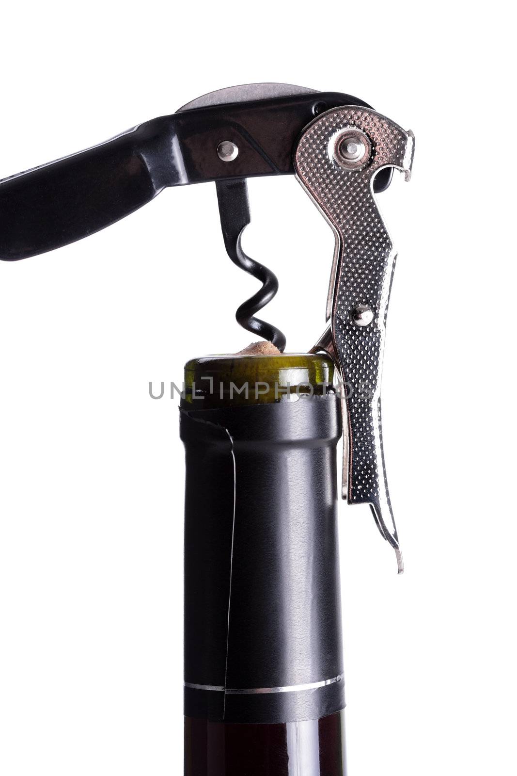wine bottle with a wine opener, isolated