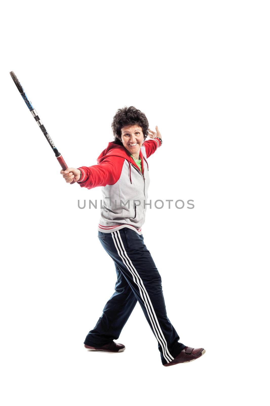 Casual female tennis player isolated on white background