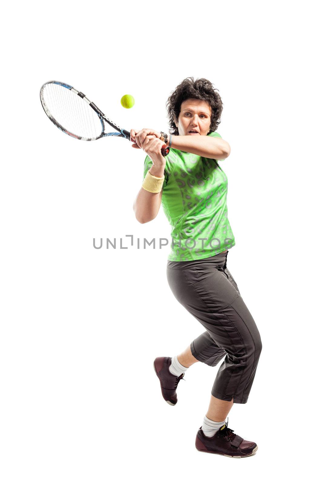 Casual female tennis player isolated on white background