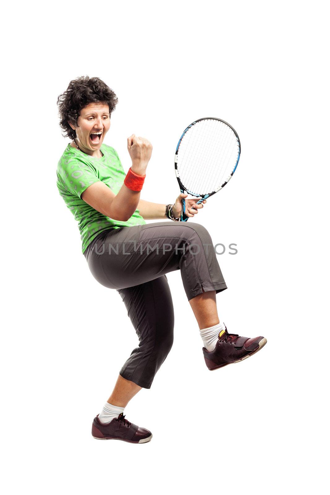 Casual female tennis player isolated on white background