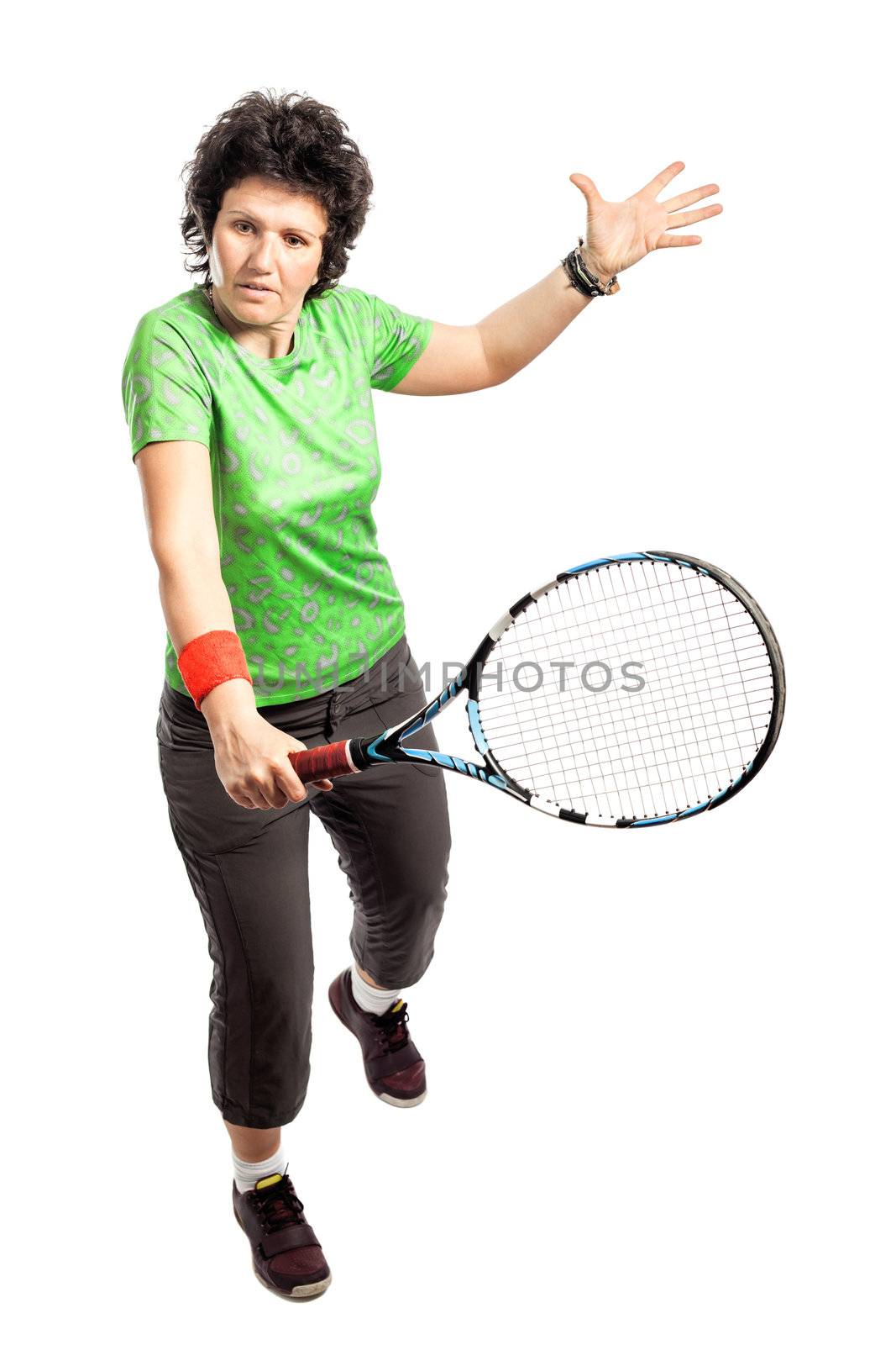 Casual female tennis player isolated on white background