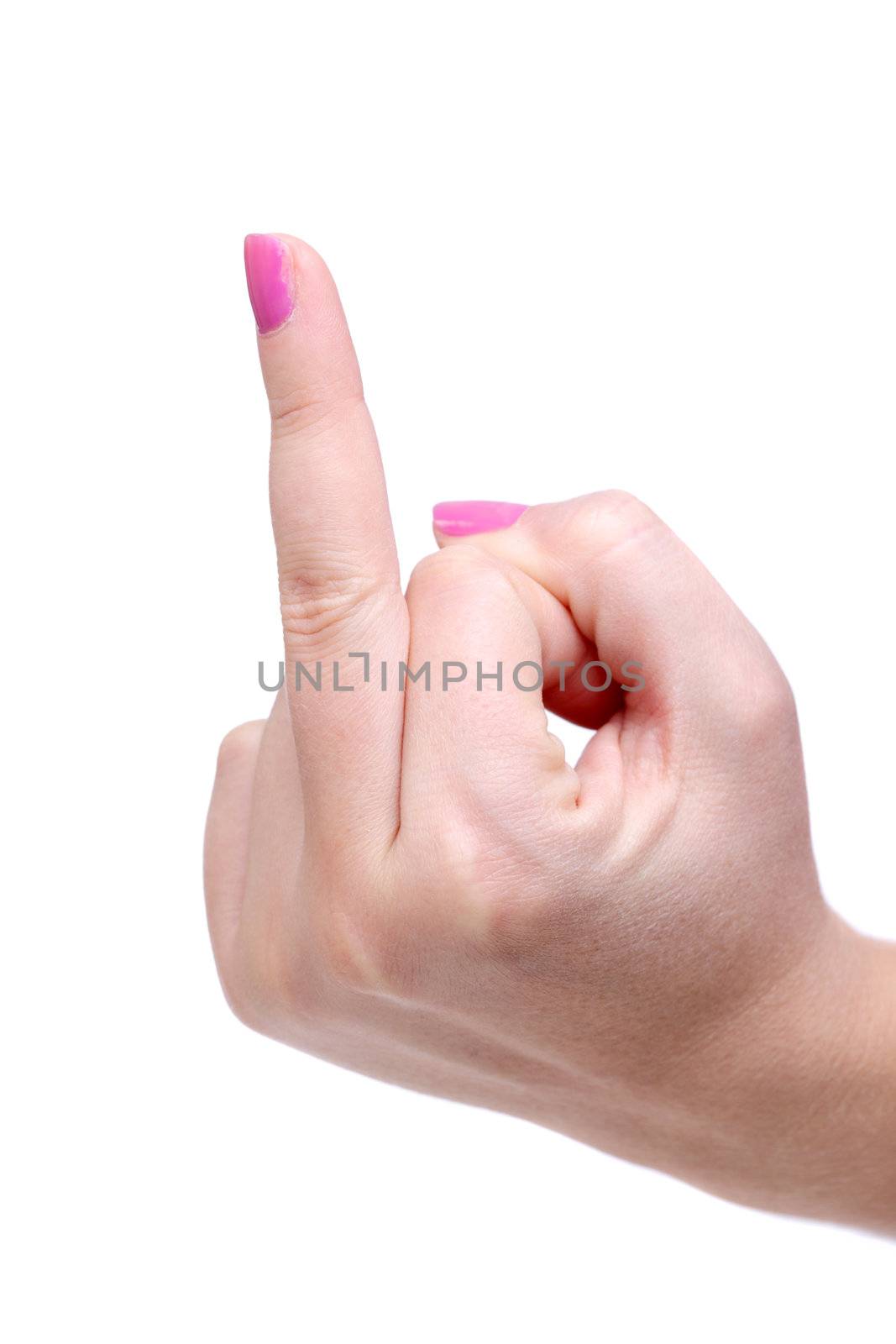 female hand sticking up the middle finger with pink nail polish