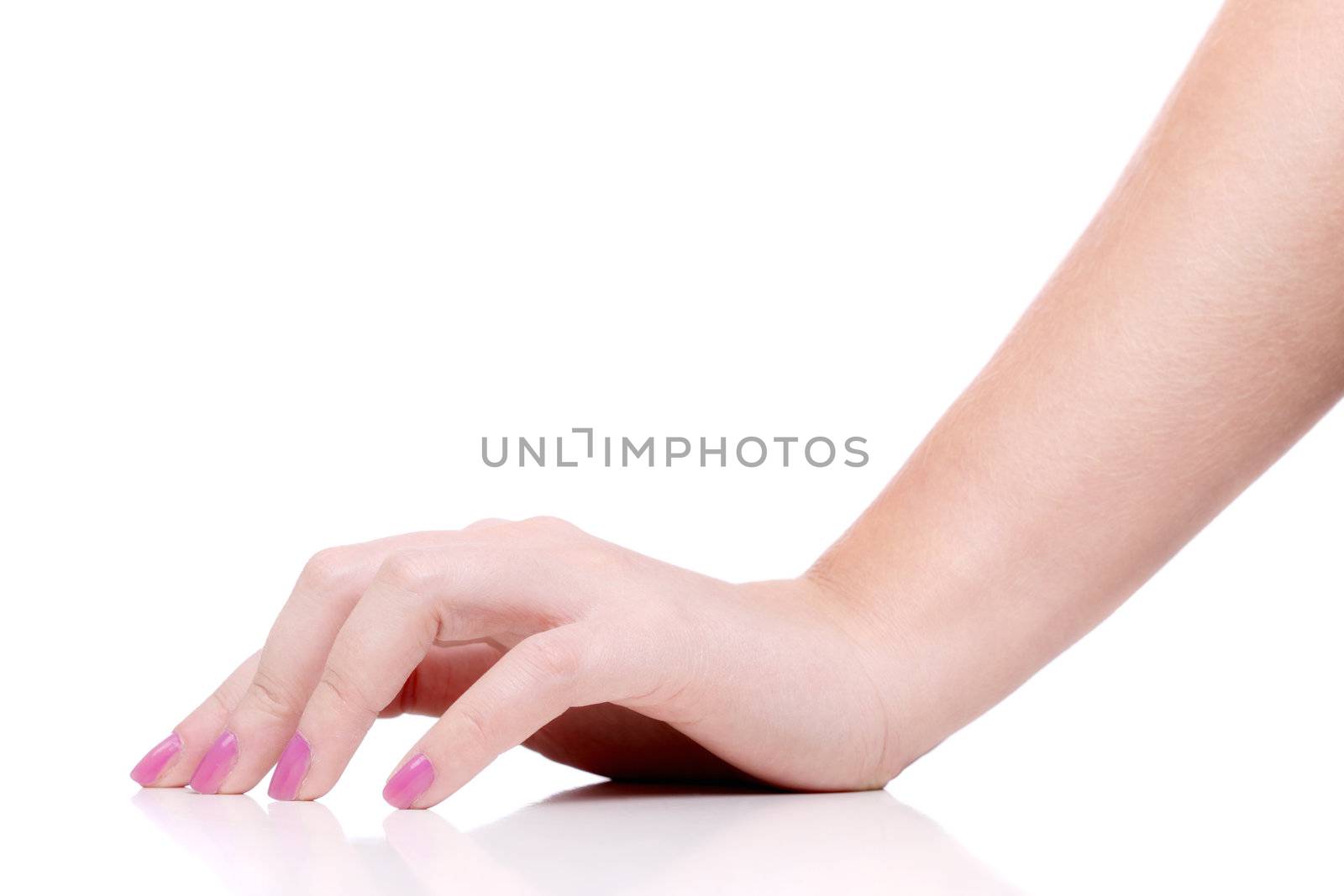 female hand with pink nail polish, agains white