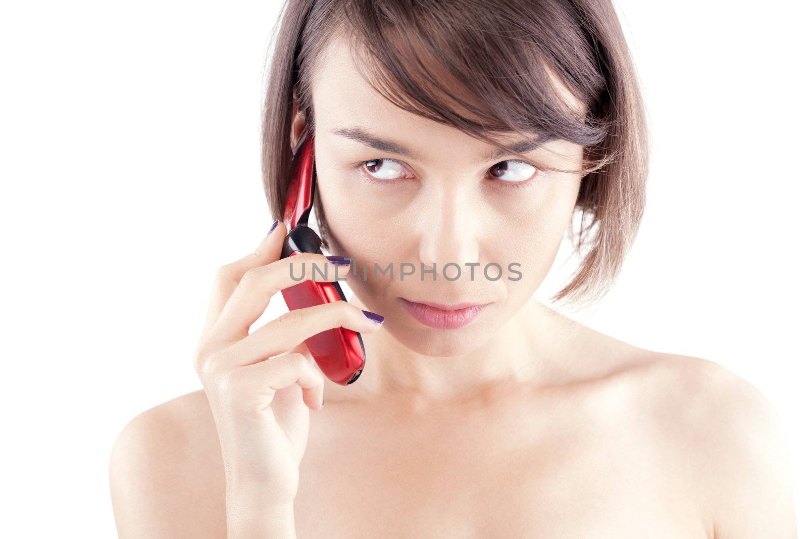 female beauty facial portrait of a Caucasian model talking on the phone