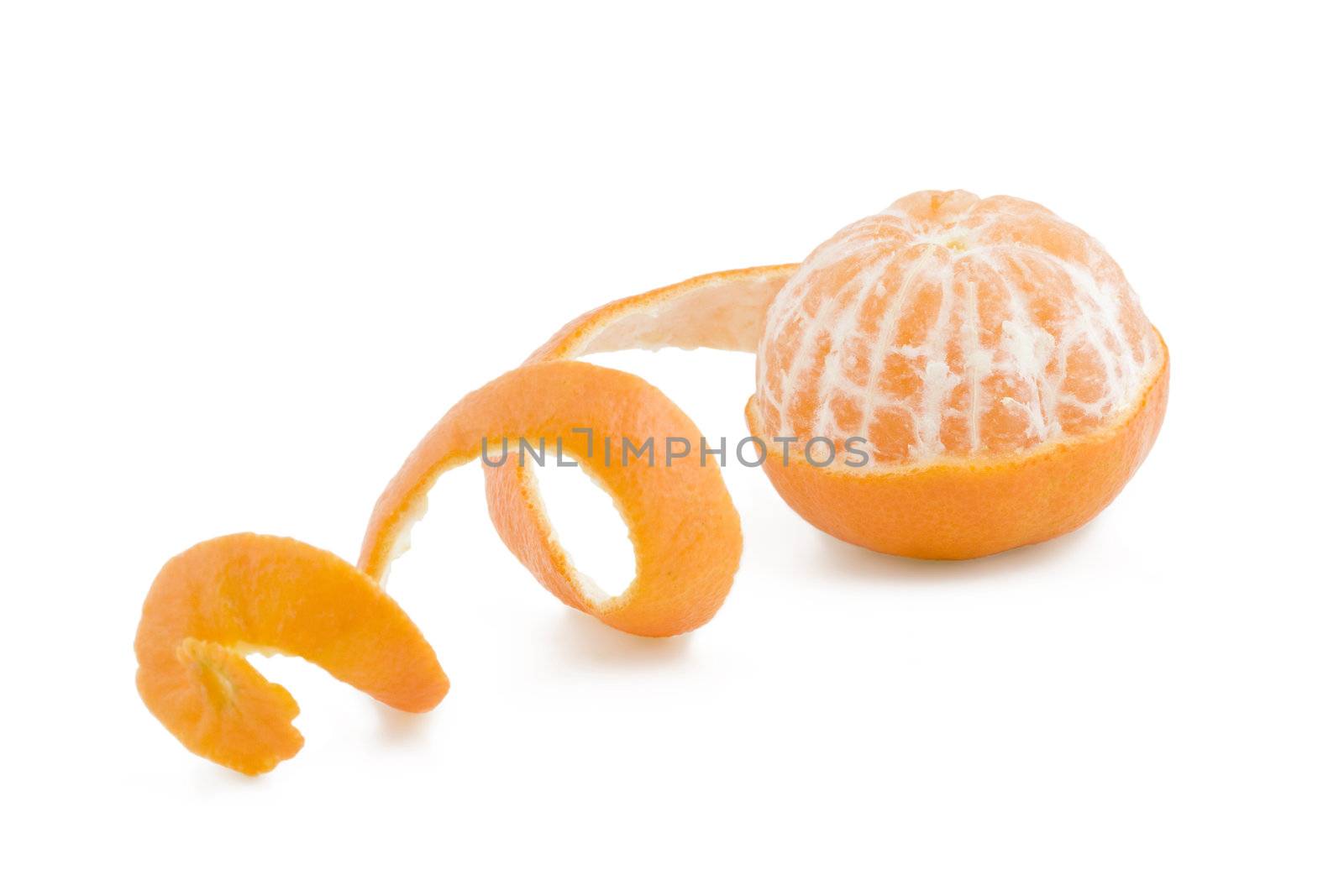 Juicy peeled tangerine isolated on white background