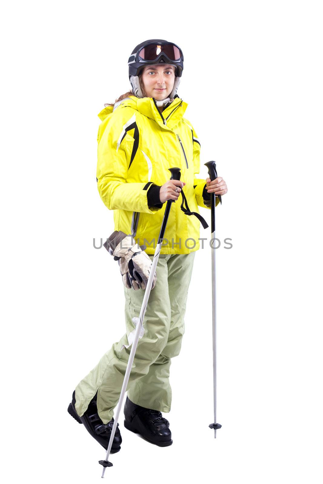 female skier portrait isolated on white background
