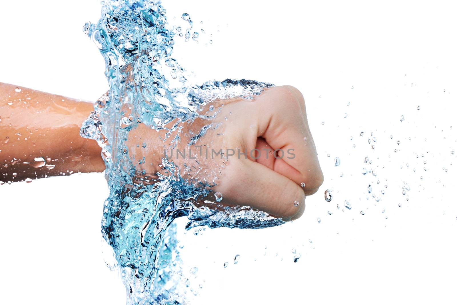 male fist through water, against white background