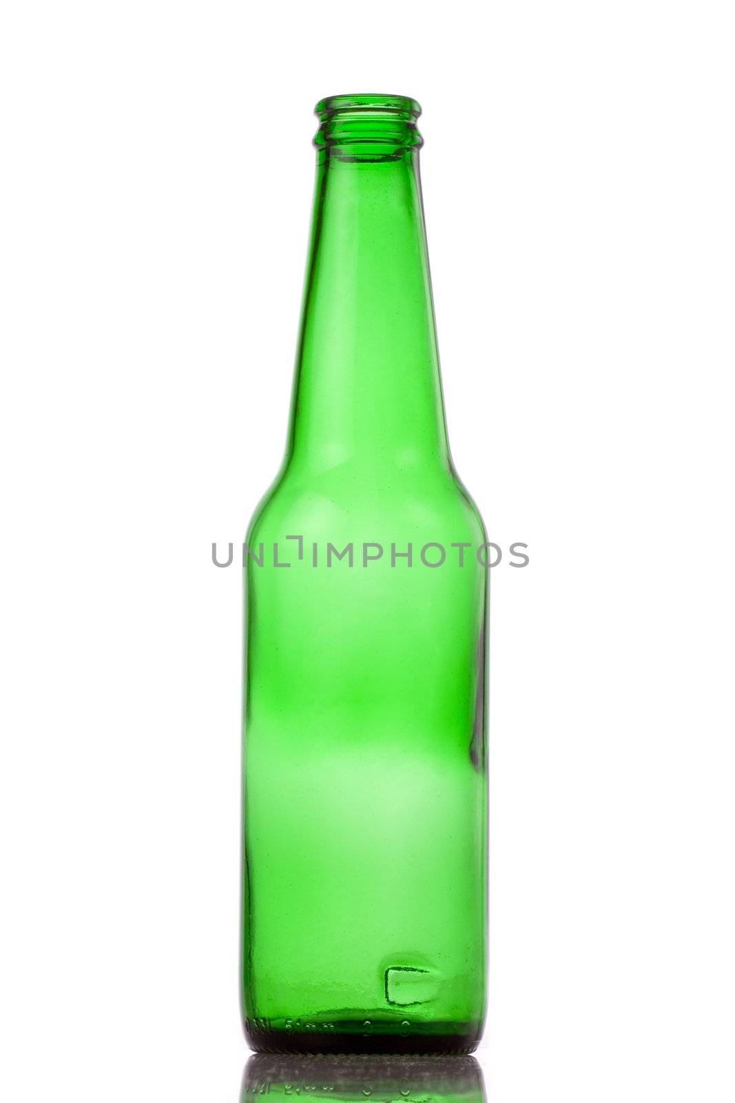 empty open green beer bottle isolated on white