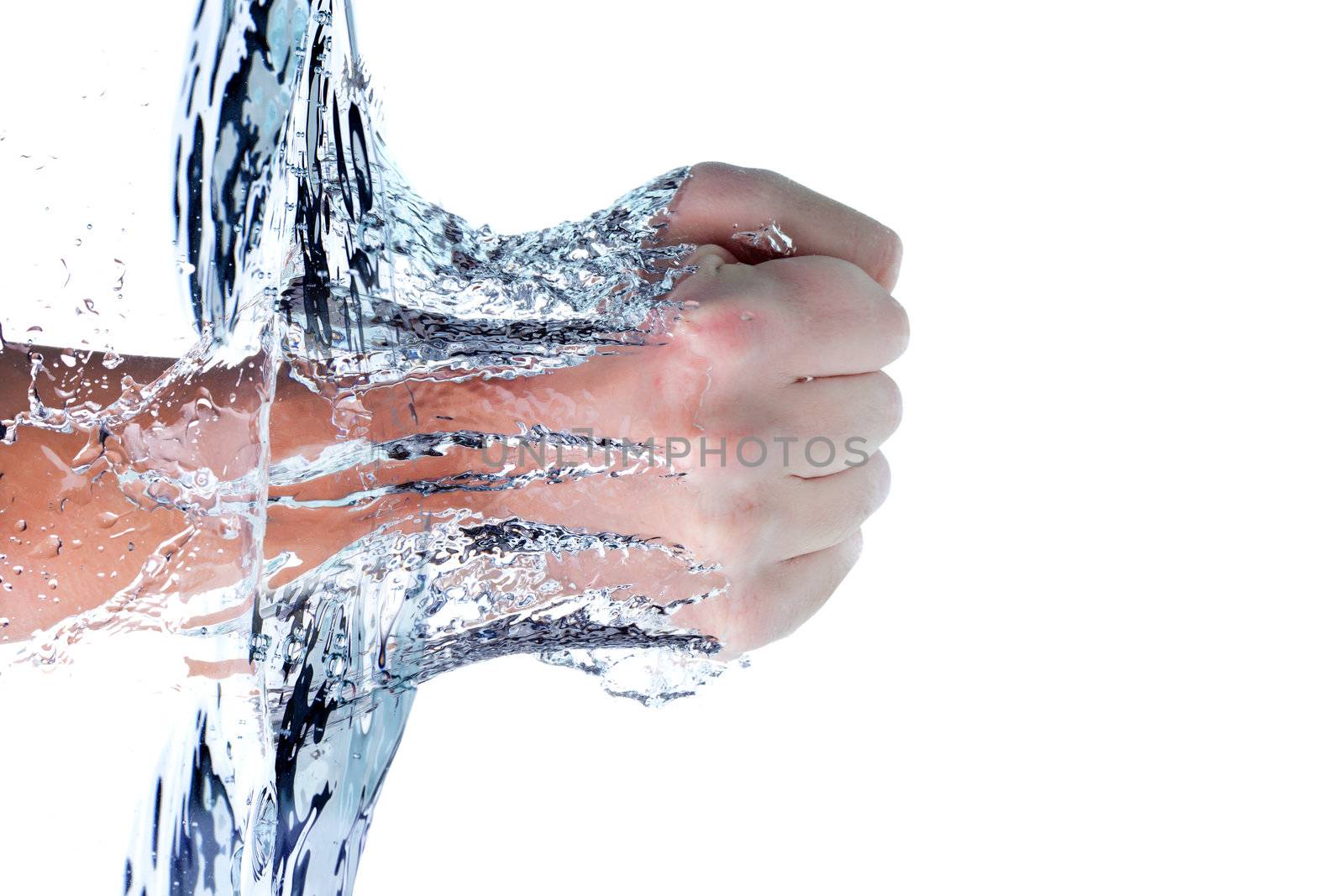 male fist through water, against white background