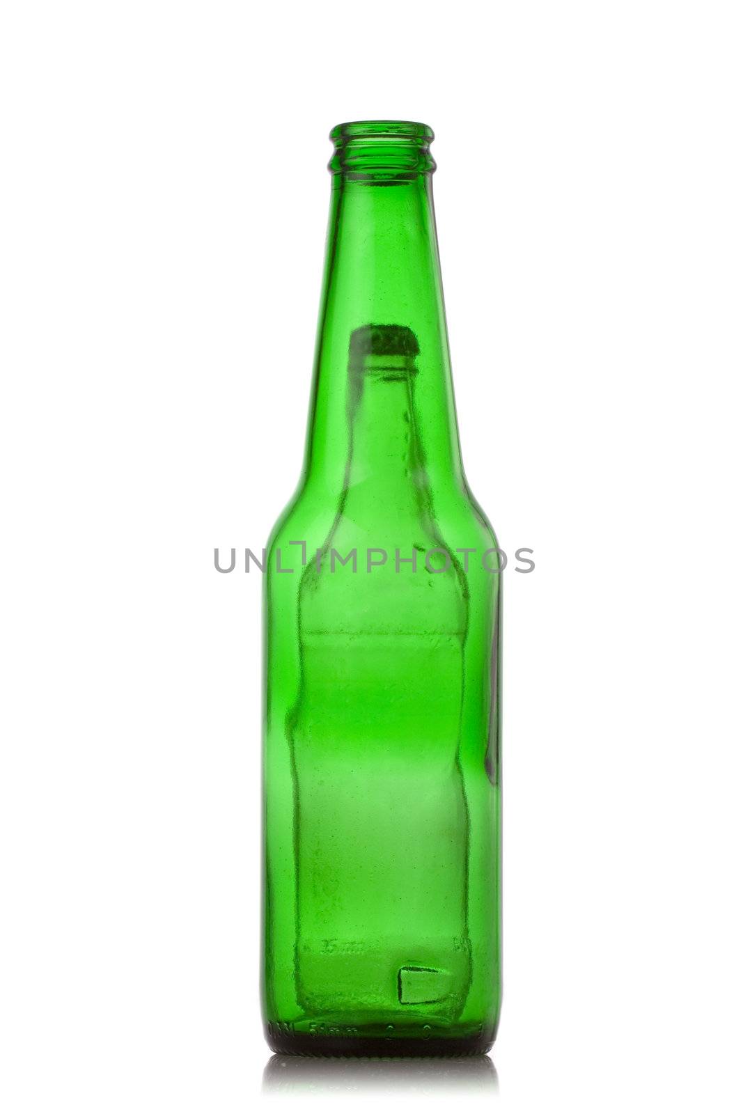 empty open green beer bottles isolated on white