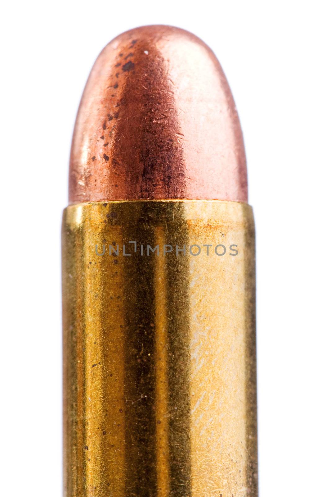 close up of a bullet, isolated on white