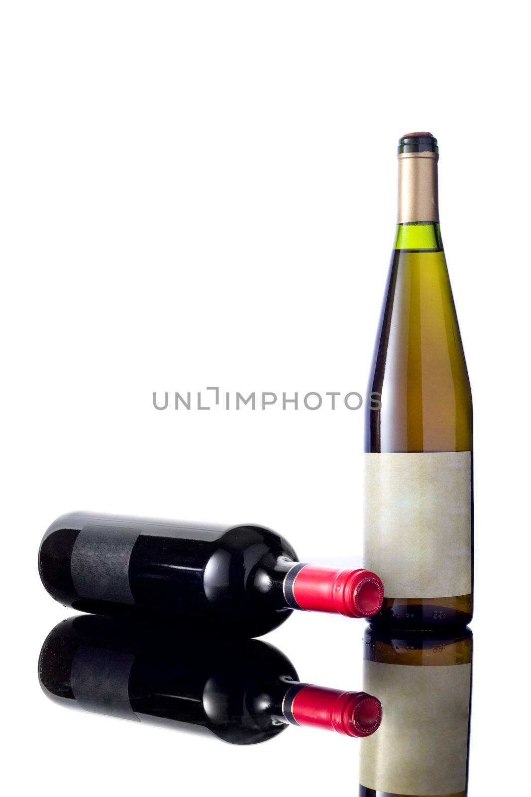 red and white wine bottles on white background