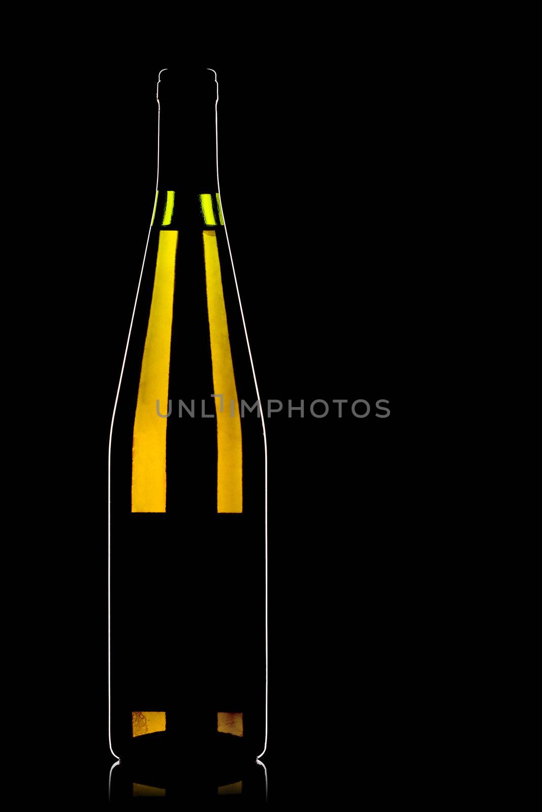 white wine bottle on black, backlit technique