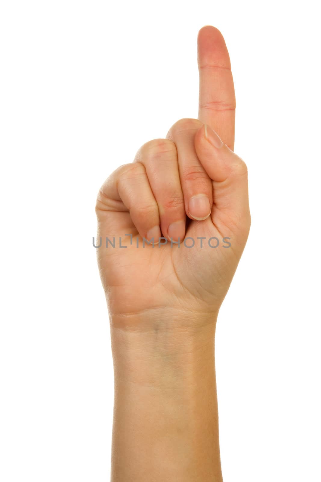 Finger spelling (hand alphabets) : Hand is spelling letter D over white background