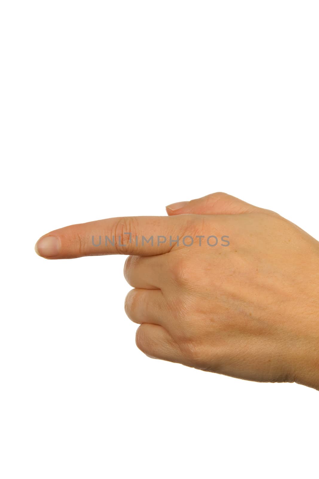 Finger spelling (hand alphabets) : Hand is spelling letter G over white background