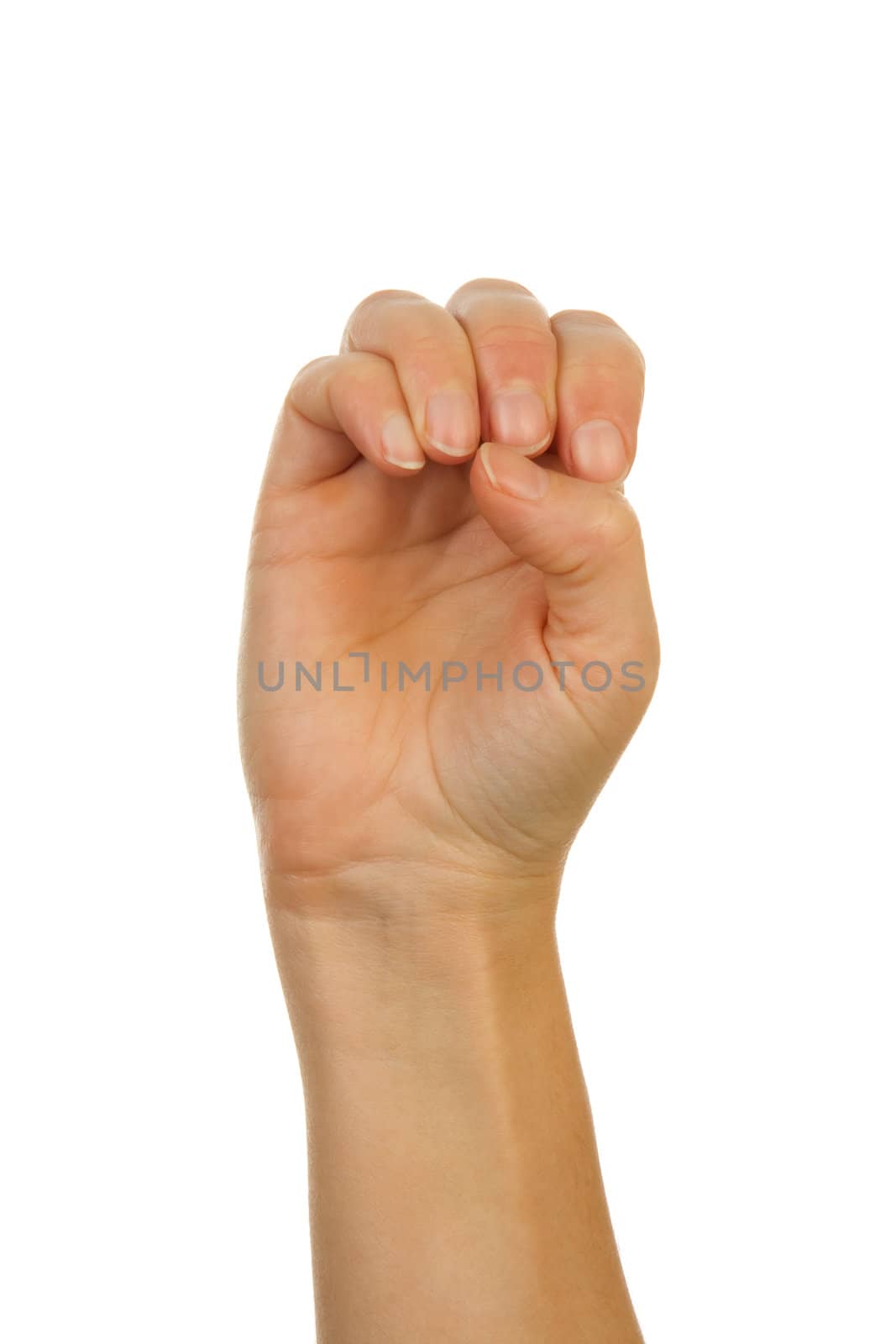 Finger spelling (hand alphabets) : Hand is spelling letter E over white background