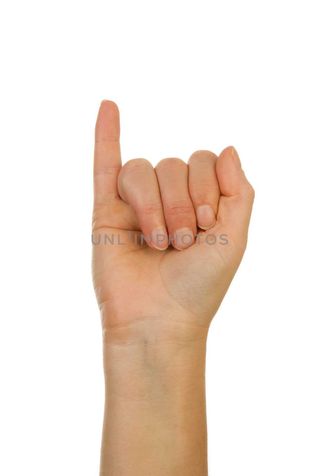 Finger spelling (hand alphabets) : Hand is spelling letter I over white background